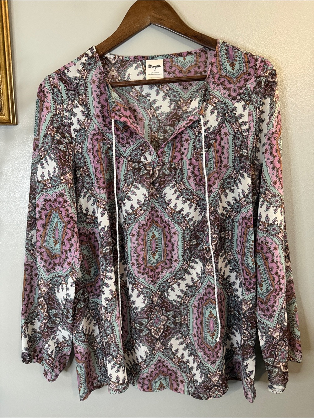Wrangler Paisley Peasant Blouse Medium Boho Western Tie Neck Long Sleeve - Picture 7 of 12